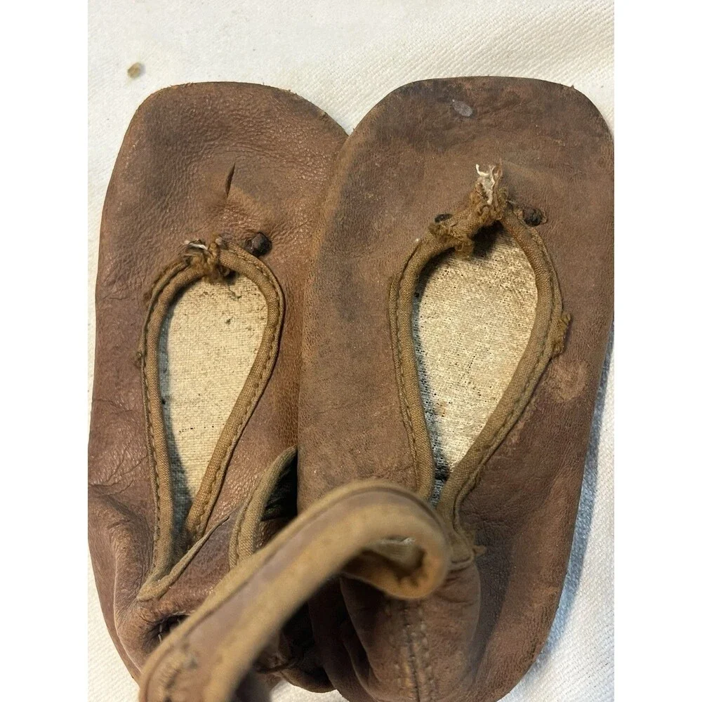 Antique Vintage Baby Shoes Brown Leather Ankle Strap Soft Sole Primitive
